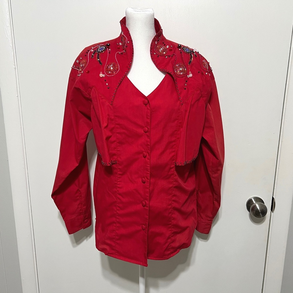 Wrangler Western Womens Beaded Top Size S Red Faux Cape Sweetheart Neckline‎ VTG